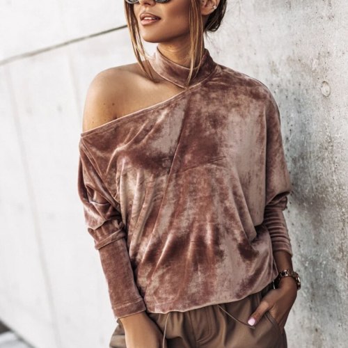 Sexy Off Shoulder Hang Neck Blouse Shirt Batwing Long Sleeve Pullovers Velvet Solid Tops
