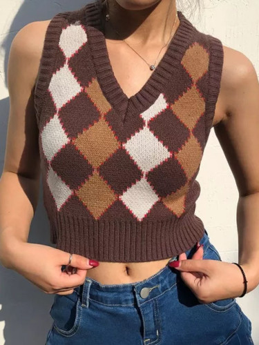 Brown Vintage Y2K Cropped Sweater Vest Autumn Sleeveless Knit Pullover 90s