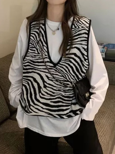 Knitted Sweater Vest Vintage Zebra Striped V Neck Sleeveless Pullover Tank Tops