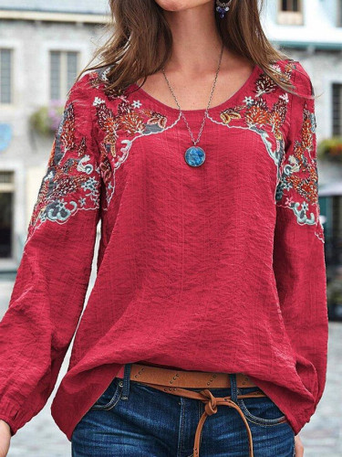 Autumn New Fashion Embroidery Print O-Neck Loose Casual Linen Shirt