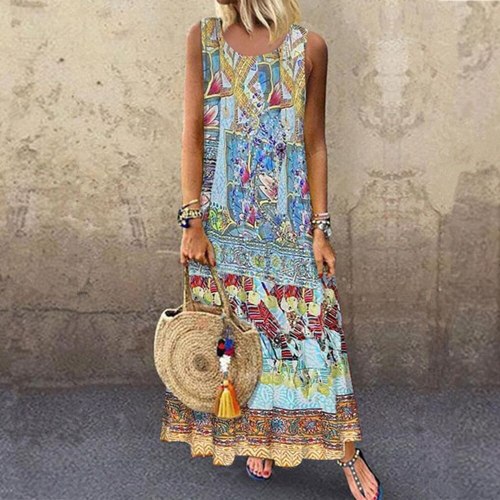 Summer Women O-Neck Printed Sleeveless Casual Maxi Dress