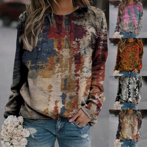 Fashion Mountain Element Print Long-sleeved Sweatshirt Round Neck Blouse Autumn Pullover