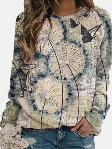 Flower Butterfly Printed Long Sleeve O-neck Pullover Tops Ladies T-shirt