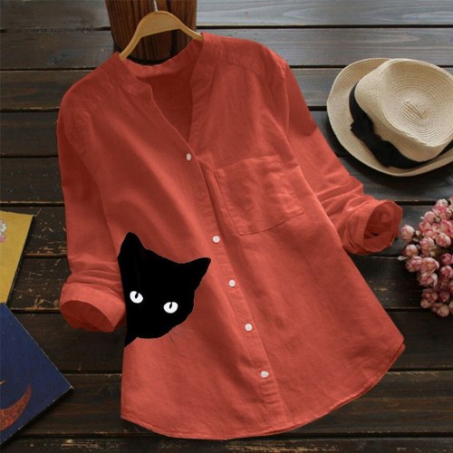 Cat Print Shirt Casual V Collar Long Sleeve Cotton Blouse  Spring Womens
