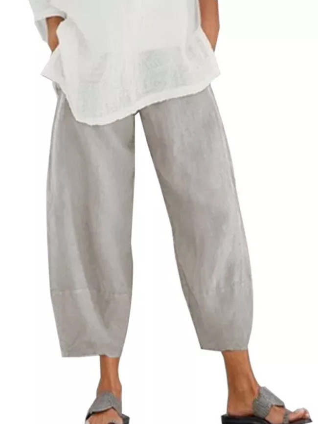 Women Casual Waist Cotton Linen Wide Leg  Loose Pantalon Summer Pant