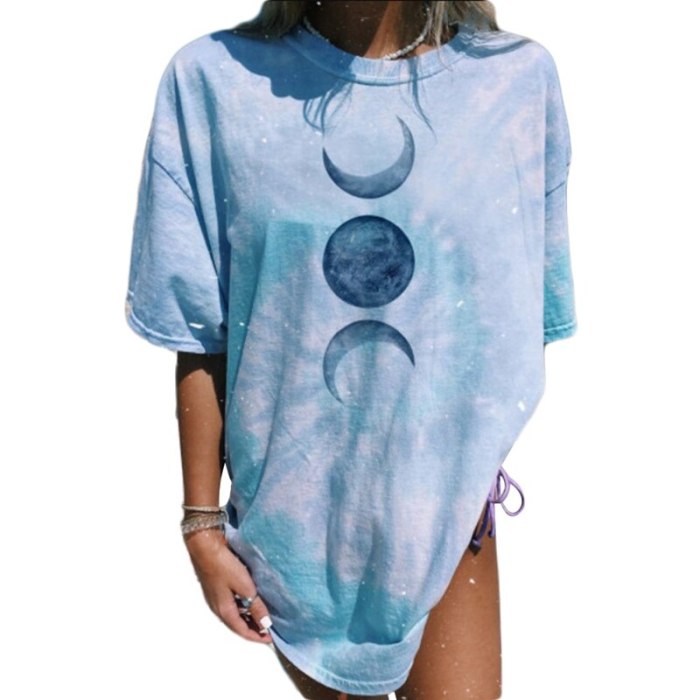 Women's O-Neck Short Sleeve Tshirt Tops Moon Planet Printed Loose Pullover