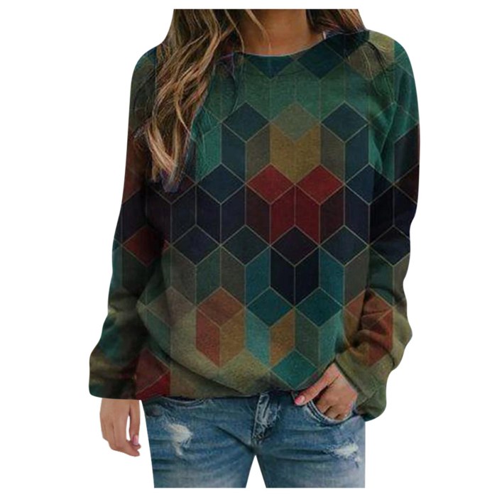 Women T-shirts Vintage Print Long Sleeve O-neck Pullover Tops