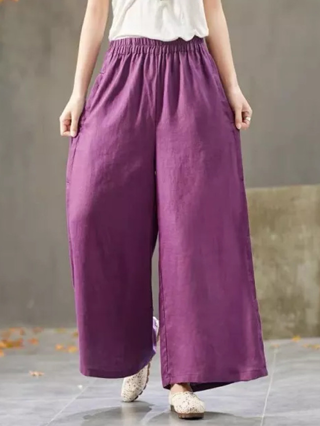 Summer Women Elastic Waist Cotton Linen Wide Pants