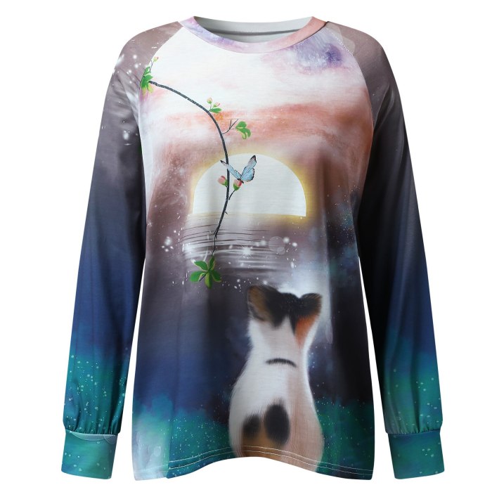Cat Moon Landscape Printed Women Painting T Shirt Long Sleeve Round Neck Tops