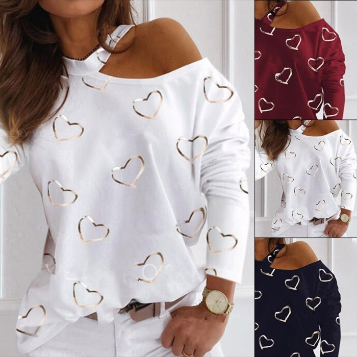 Love Print Halter Strapless Sexy Fashion Casual Long Sleeve T-shirt