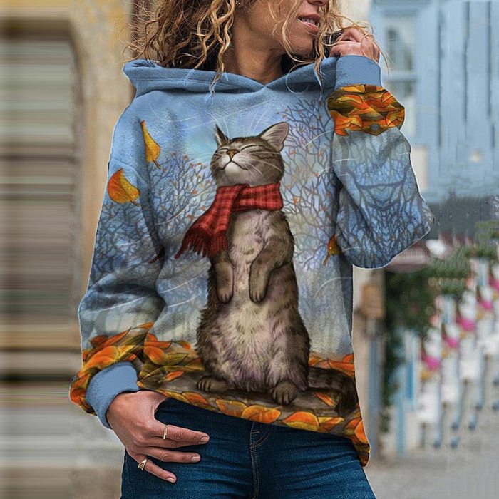 Autumn Winter Cat Print Women Female Batwing Sleeve Solid Color Pullover