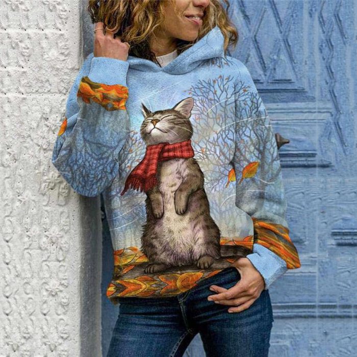 Autumn Winter Cat Print Women Female Batwing Sleeve Solid Color Pullover