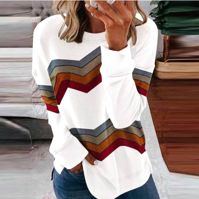 Stripe Print Casual Long Sleeve Color Matching Pullover Tops Ladies T-shirt