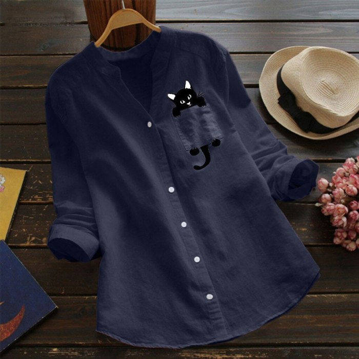 Fashion Pocket Linen Cute Cat Print Blouse Casual Spring  Button Loose Tops