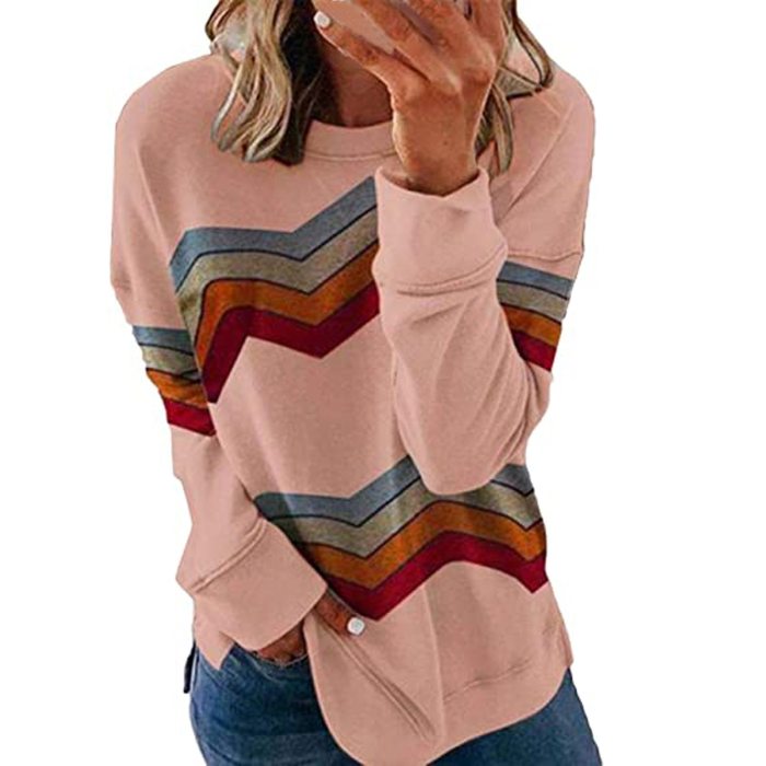 Stripe Print Casual Long Sleeve Color Matching Pullover Tops Ladies T-shirt