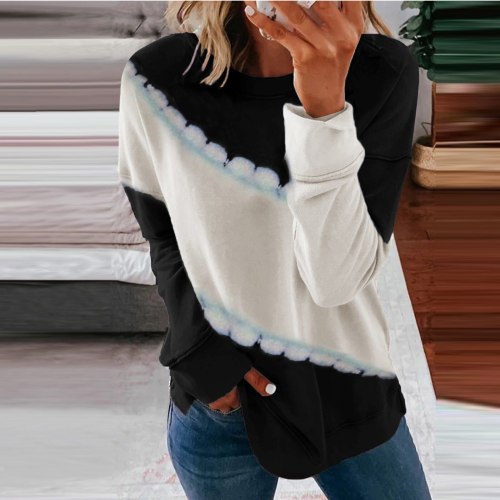 Tie-dye Stitching Casual Long Sleeve Pullover Tops Ladies T-shirt