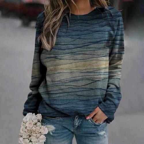 Women T-shirts Vintage Print Long Sleeve O-neck Pullover Tops