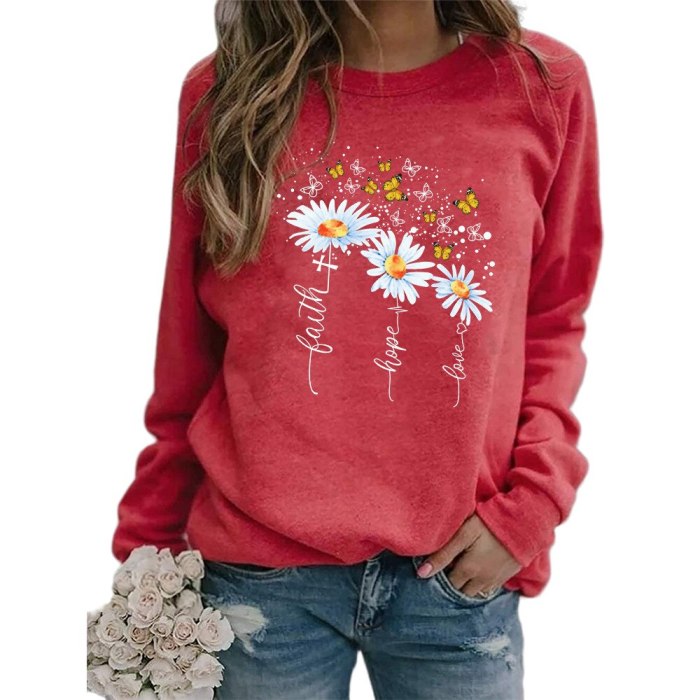 Women Flower Daisy Butterfly Printed Round Neck Long Sleeve Sweatshirt Pullover