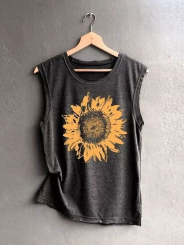 Women Sleeveless Sunflowe Print Shirt Casual Loose T-shirts