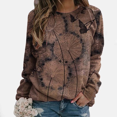 Flower Butterfly Printed Long Sleeve O-neck Pullover Tops Ladies T-shirt
