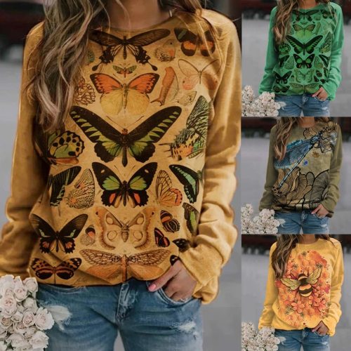 Blouse Women O-Neck Butterfly Print Long-sleeved Blouse Tops