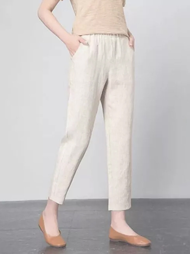 Spring Summer Women Elastic Waist Loose Casual Cotton Linen Pants