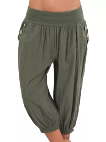 Women's Cotton Linen Short Trouser Solid Color Seven Casual Loose  Pants