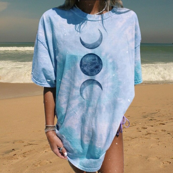 Women's O-Neck Short Sleeve Tshirt Tops Moon Planet Printed Loose Pullover