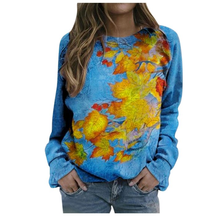 Cat Moon Landscape Printed Women Painting T Shirt Long Sleeve Round Neck Tops