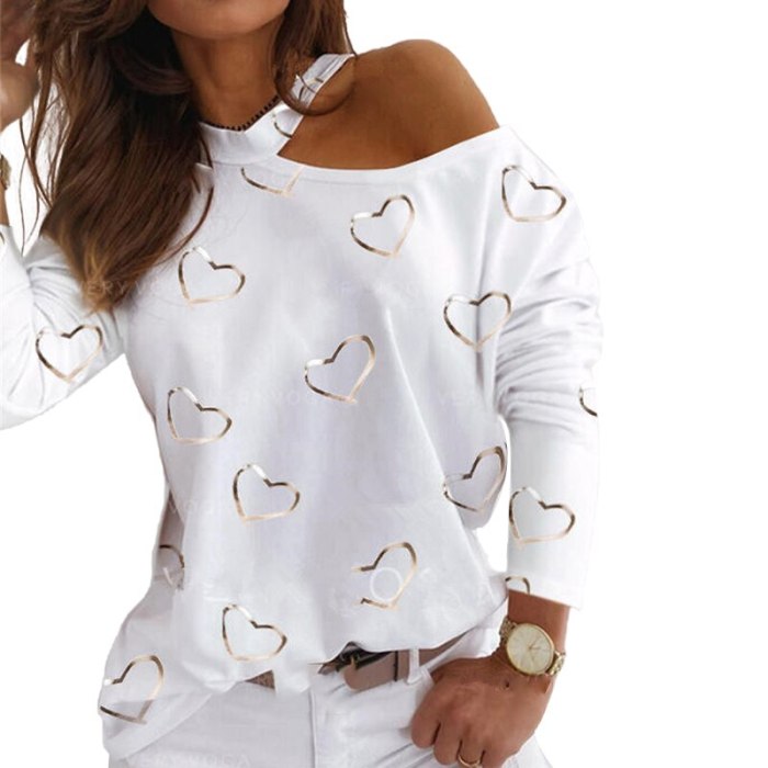 Love Print Halter Strapless Sexy Fashion Casual Long Sleeve T-shirt