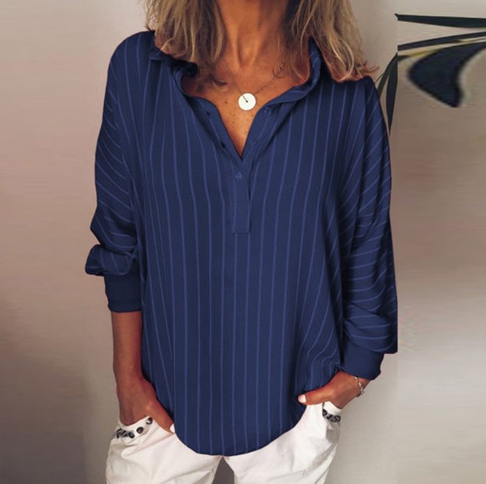 Loose Casual Striped Button Lapel Long Sleeve Shirt Top