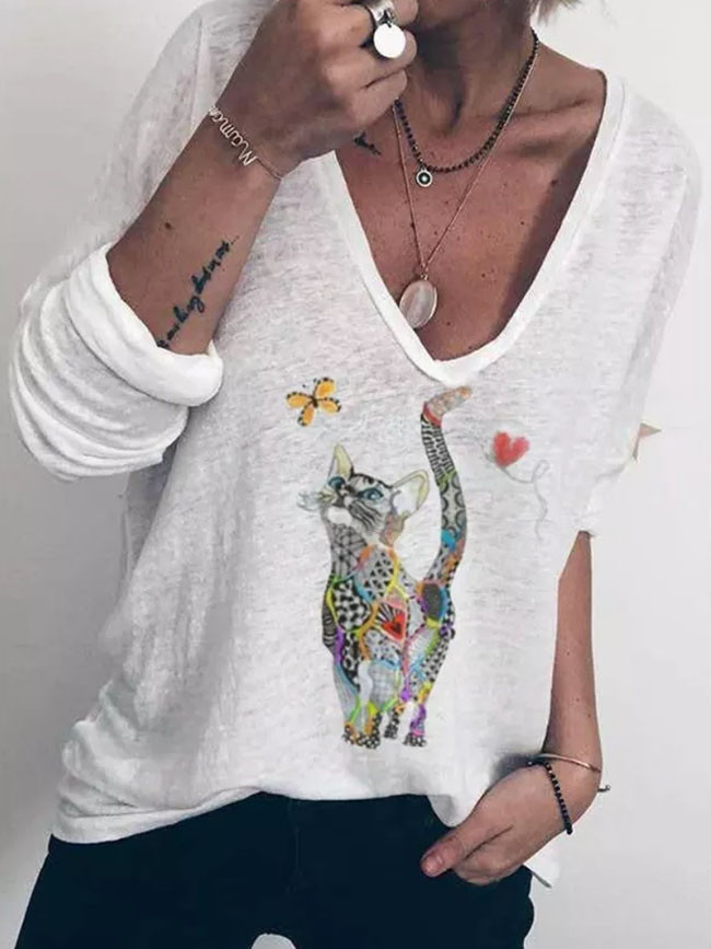 Cute Cat Animal Print long Sleeve Cotton T-shirts