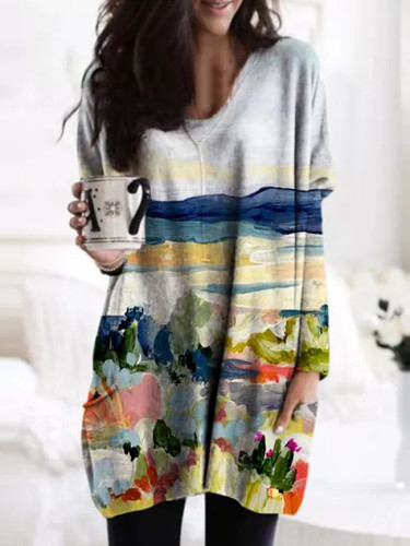Women's fashion pullover simple V-neck landscape painting oil painting printing long-sleeved top