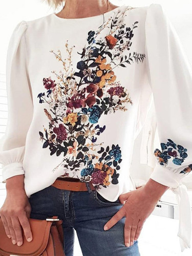 Women Printed Embroidery Blouse Casual  O Neck Long Sleeve Shirt