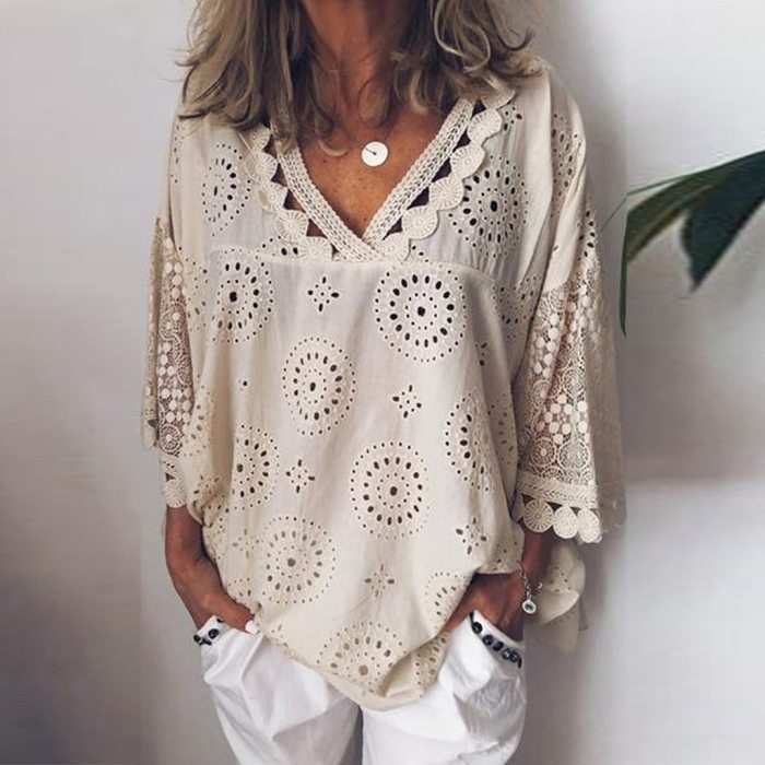 Women Blouse Hollow Out Lace Patchwork Geometry V-neck Summer Shirt