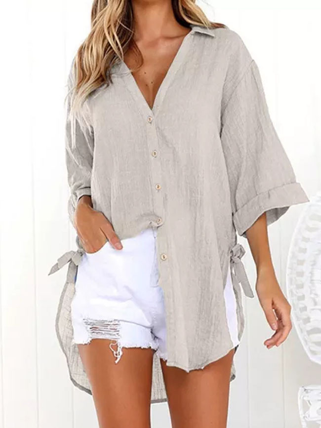 Women Blouse Loose Cotton Linen Buttons Lapel Solid Long Shirt