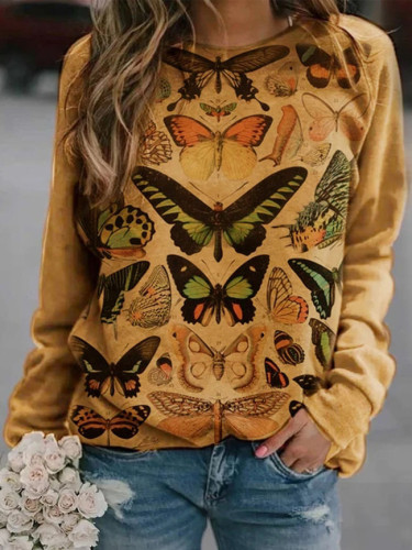 Blouse Women O-Neck Butterfly Print Long-sleeved Blouse Tops