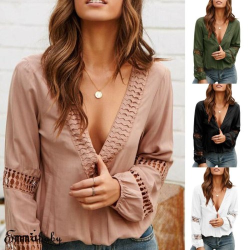 Casual T-shirts V-neck Top Hollow-out Lantern Sleeve T-shirt