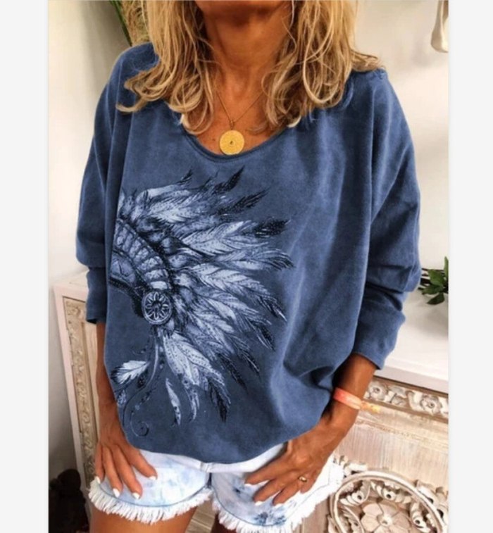 Loose Casual Digital Feather Printing T Shirt Long Sleeve O Neck Ladies Tee