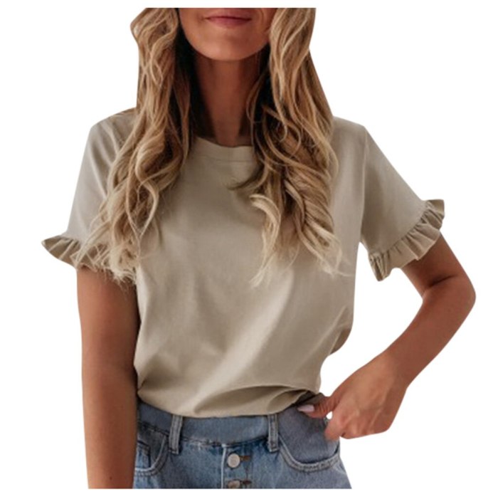 Casual Solid Ruffle Short Sleeve Shirt Summer O Neck Pullovers