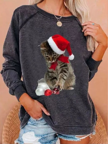 Women's Christmas Cat T-Shirt New Style Round Neck Long Sleeve T-Shirt