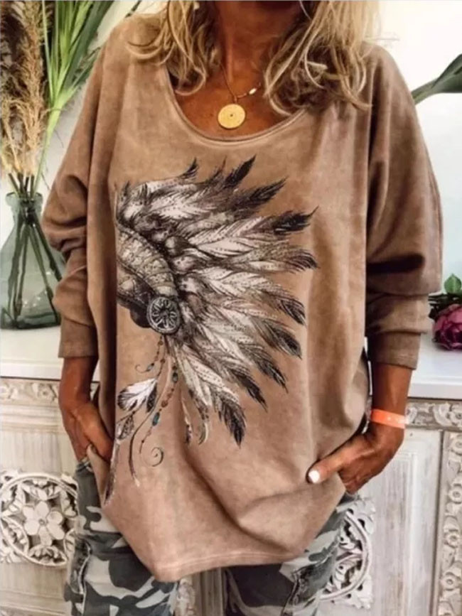 Loose Casual Digital Feather Printing T Shirt Long Sleeve O Neck Ladies Tee