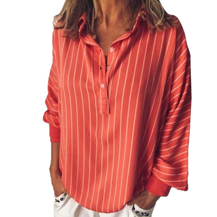 Loose Casual Striped Button Lapel Long Sleeve Shirt Top