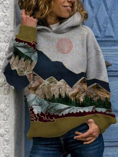 Mountain Print Sweatshirts Long Sleeve Pullover Tops Hoodies
