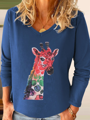 Autumn Casual Long Sleeve Blouse Shirts Women Elegant Deers Print V Neck Pullover