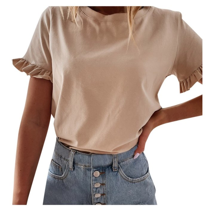 Casual Solid Ruffle Short Sleeve Shirt Summer O Neck Pullovers