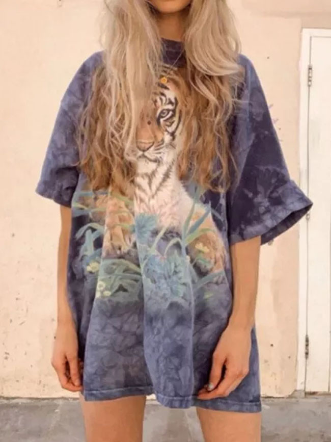 Tiger Print Fashion Tops Women Casual O-Neck Short Sleeve Oversize T-Shirt