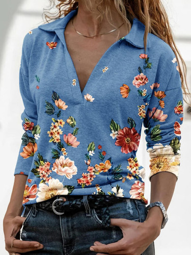 Fashion Lapel Flowers Print Pullover Tops Casual Women Autumn Long Sleeve