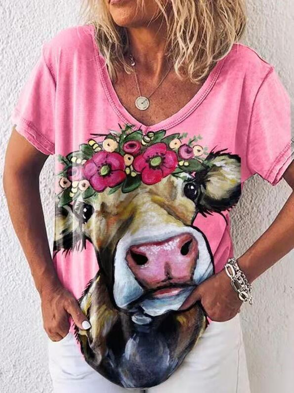 Summer new short sleeve ox head print V-neck loose T-shirt
