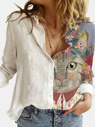 Lovely Cat Printed Cotton Linen Shirt Women Lapel Long Sleeves Single Breasted Blouses